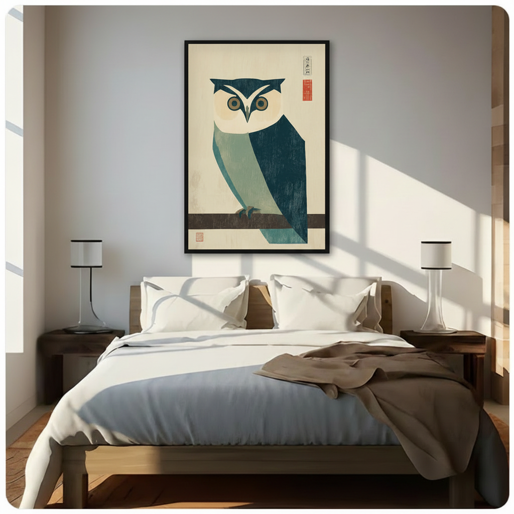 Japanese Woodblock Owl Framed Canvas Wall Art
