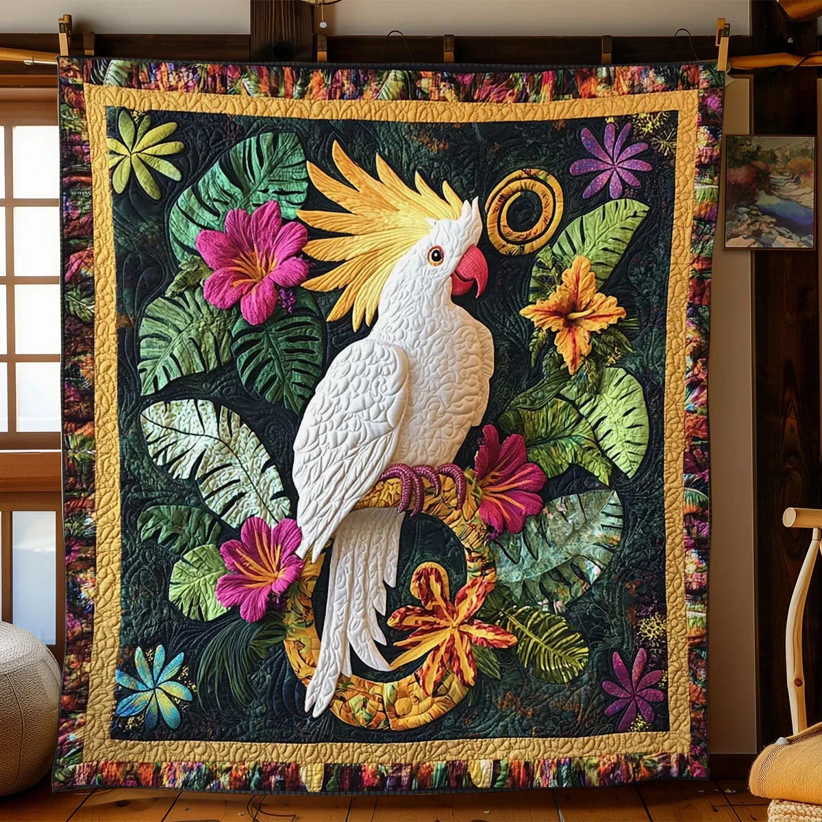 Parrot And Bloom Quilt Blanket