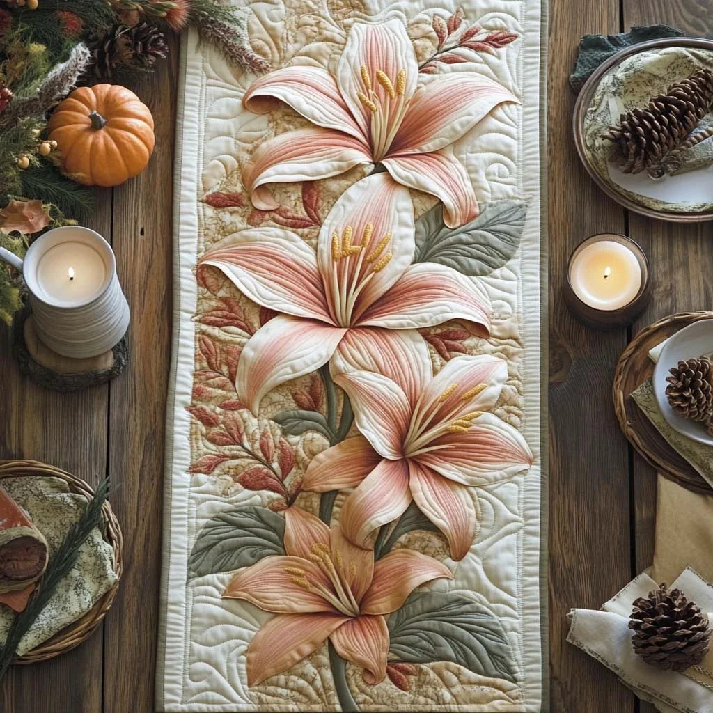 Peach Lilies Quilted Table Runner