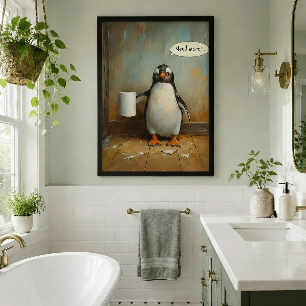 Funny Penguin Bathroom Oil Painting Canvas Art