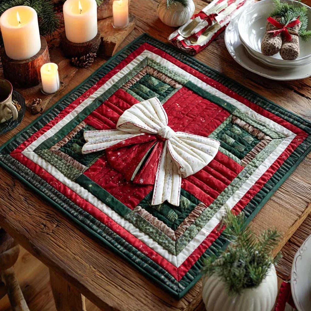 Peppermint Candy Bow Quilted Table Topper