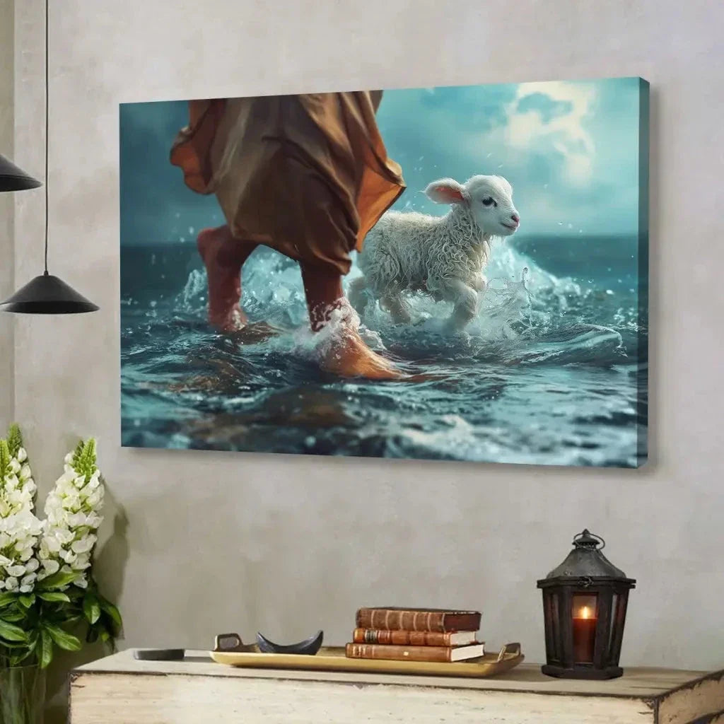 jesus walk on water with a lamb jesus and lamb wall art canvas (Landscape) (view 5)