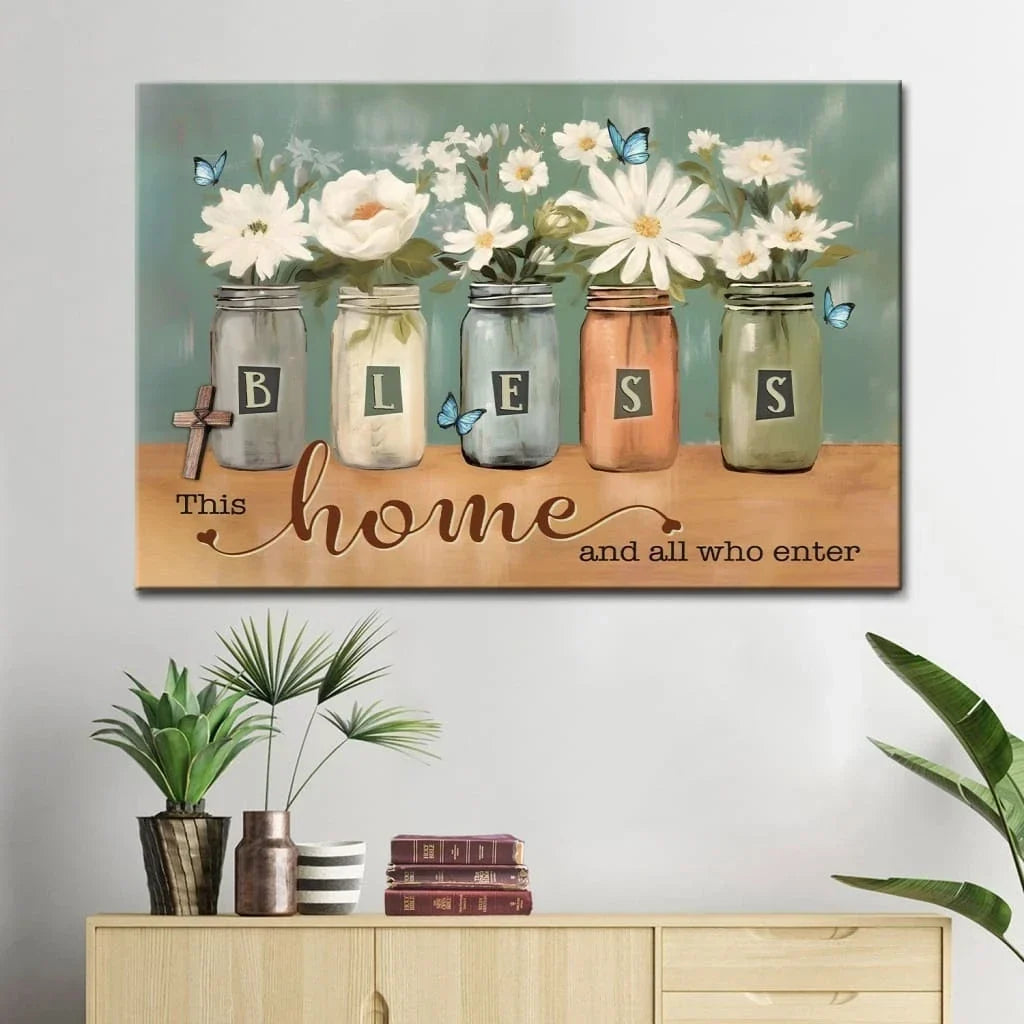 bless this home and all who enter floral butterfly mason jar wall art canvas (Landscape) (view 4)