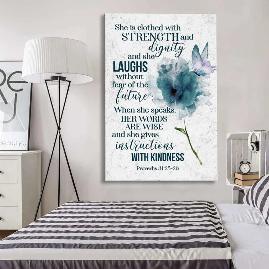 proverbs 31 25 26 she is clothed with strength and dignity wall art canvas (Landscape) (view 4)