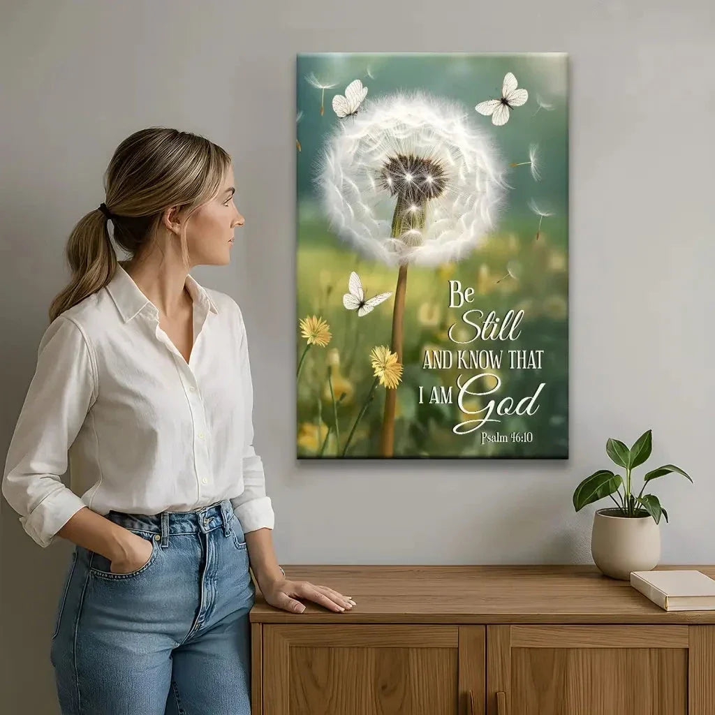 be still and know dandelion with butterflies psalm 46 10 christian wall art canvas (view 8)