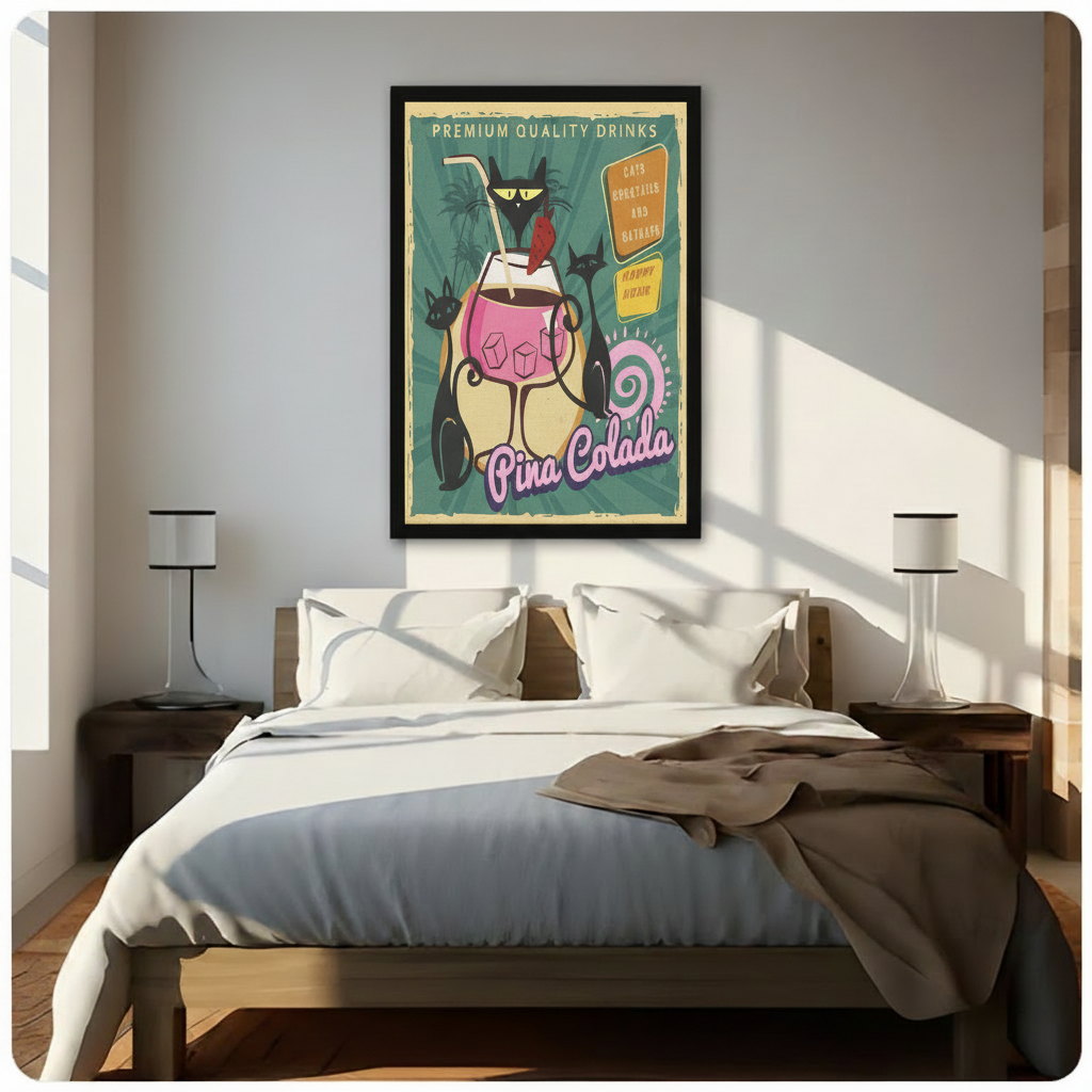 Retro Cat Pina Colada Cocktail Canvas Wall Art