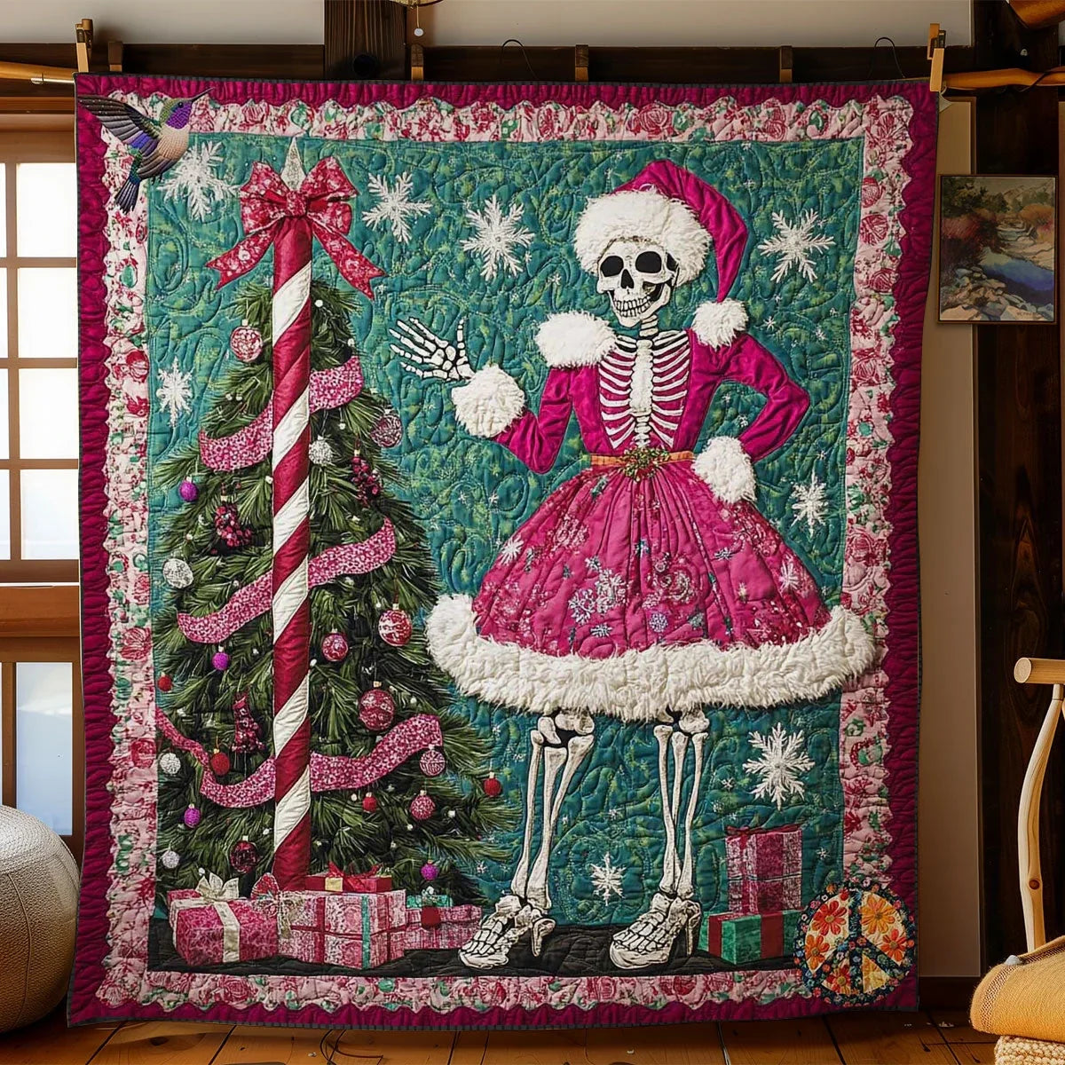 Pink Christmas Skeleton Quilt Blanket