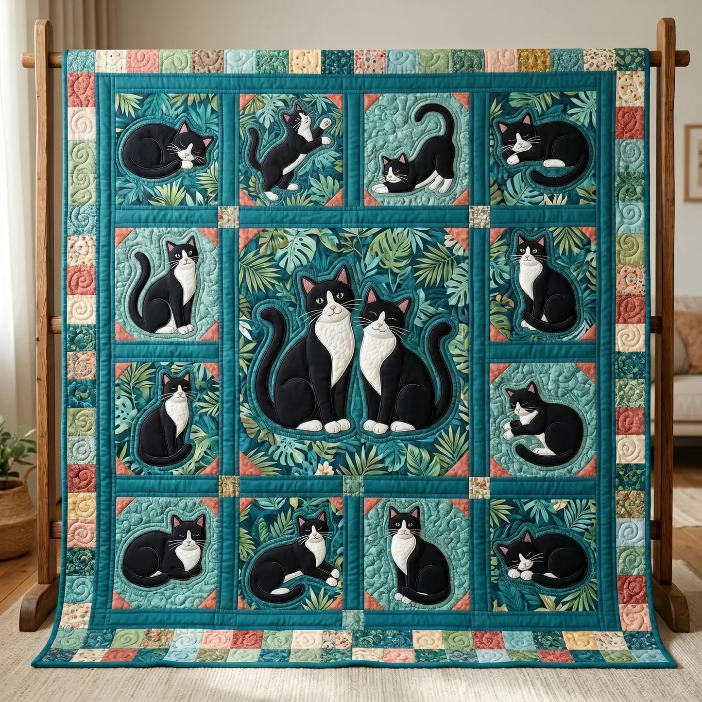 Playful Tuxedo Cat Quilt Blanket