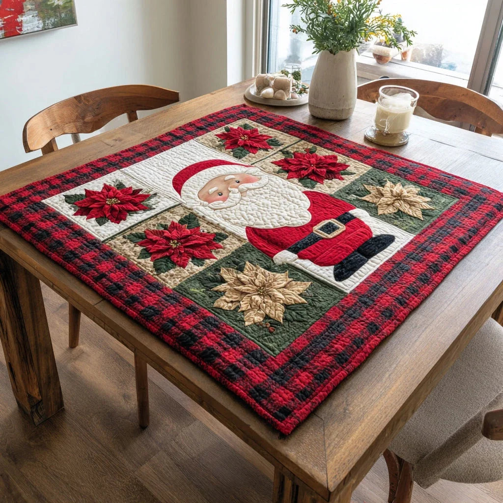 Poinsettia Santa Claus Quilted Table Topper