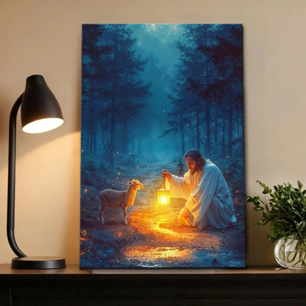jesus rescues lamb at night wall art canvas (Landscape) (view 11)