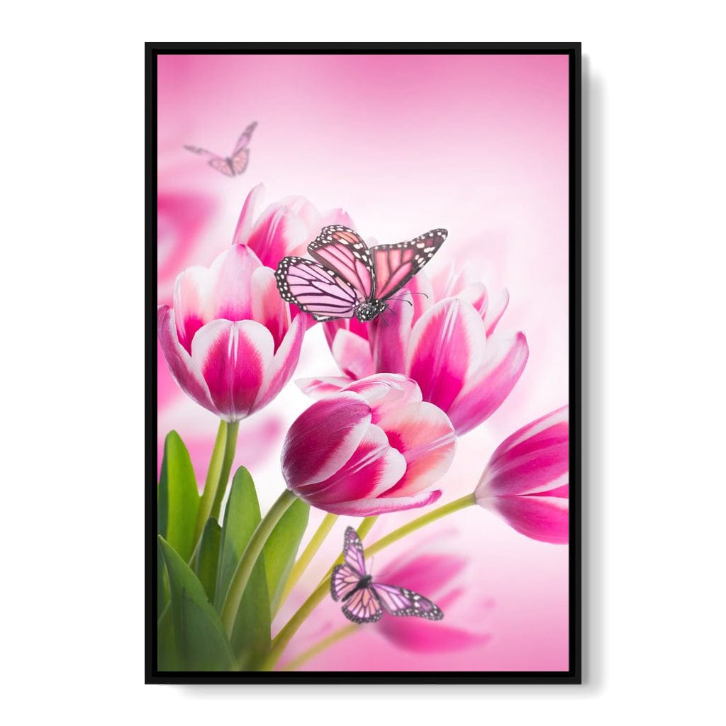 Bouquet of Pink Tulips & Butterflies Canvas Wall Art