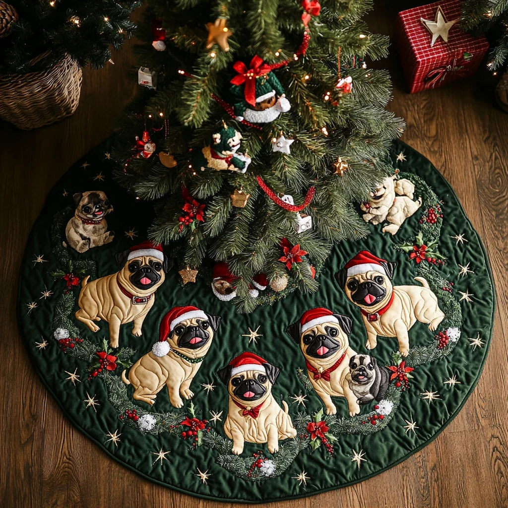 Pug Joy Christmas Quilted Tree Skirt