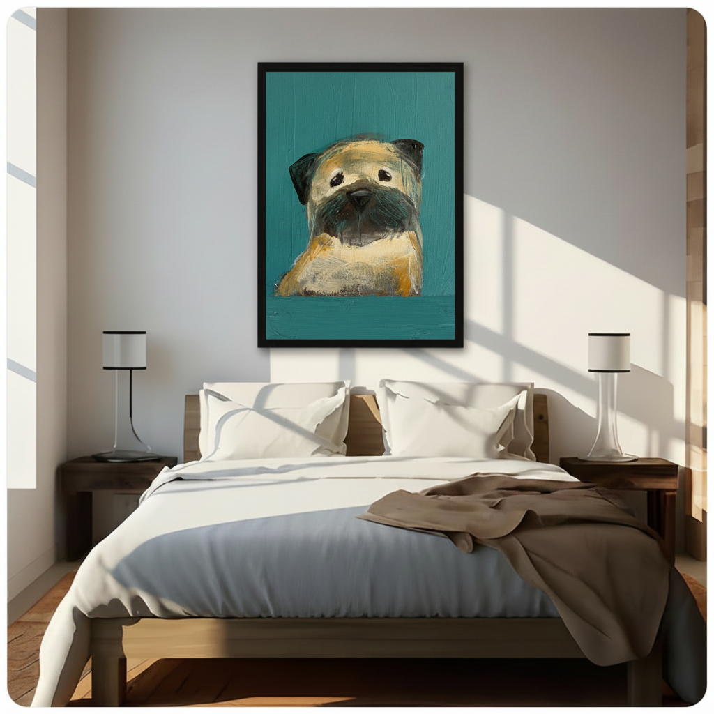 Whimsical Pug Portrait Teal Canvas Art Wall Art