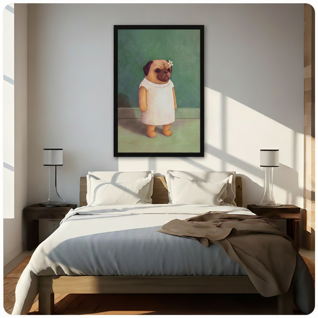 Vintage Pug Portrait White Dress Oil Painting Canvas