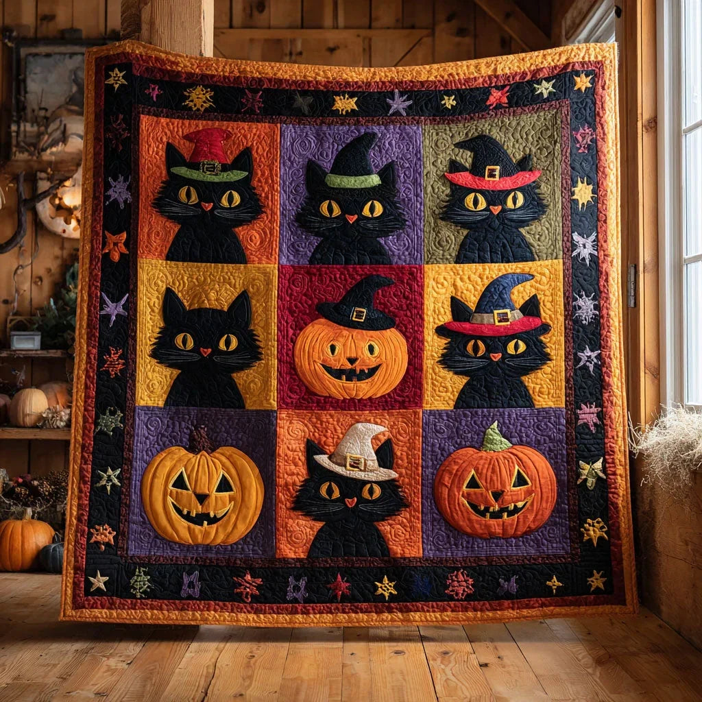 Pumpkin Parade Cat Quilt Blanket