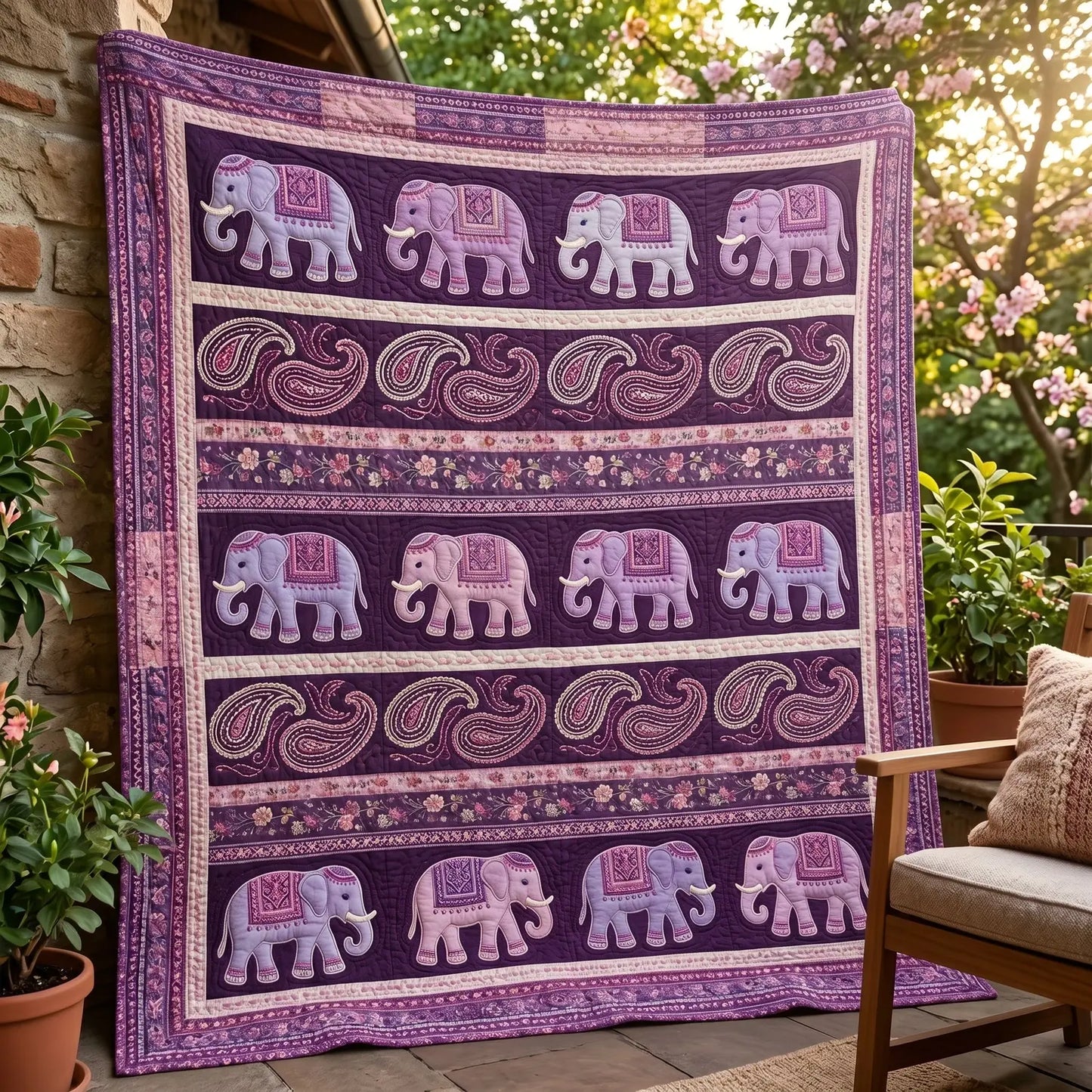 Purple Elephant Mandala Quilt Blanket
