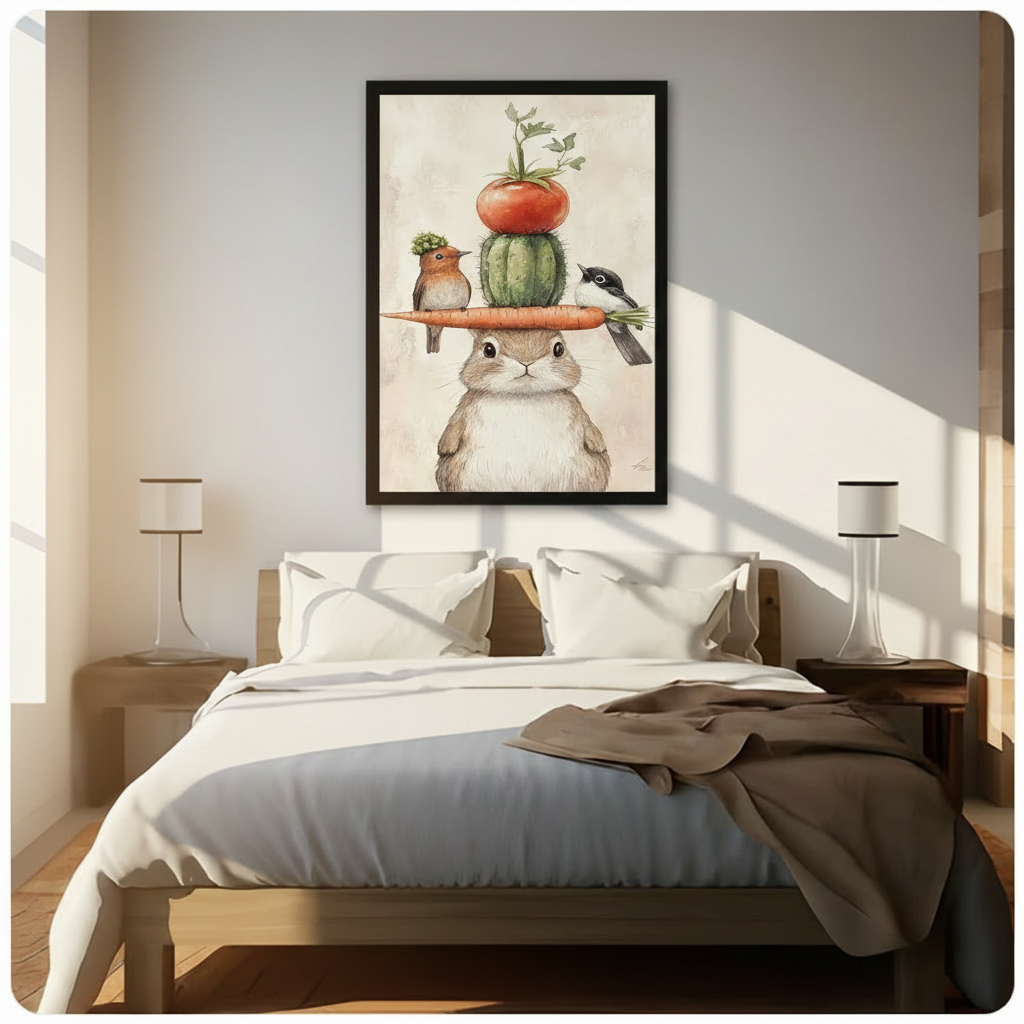 Whimsical Bunny Carrot Tower Birds Canvas Art