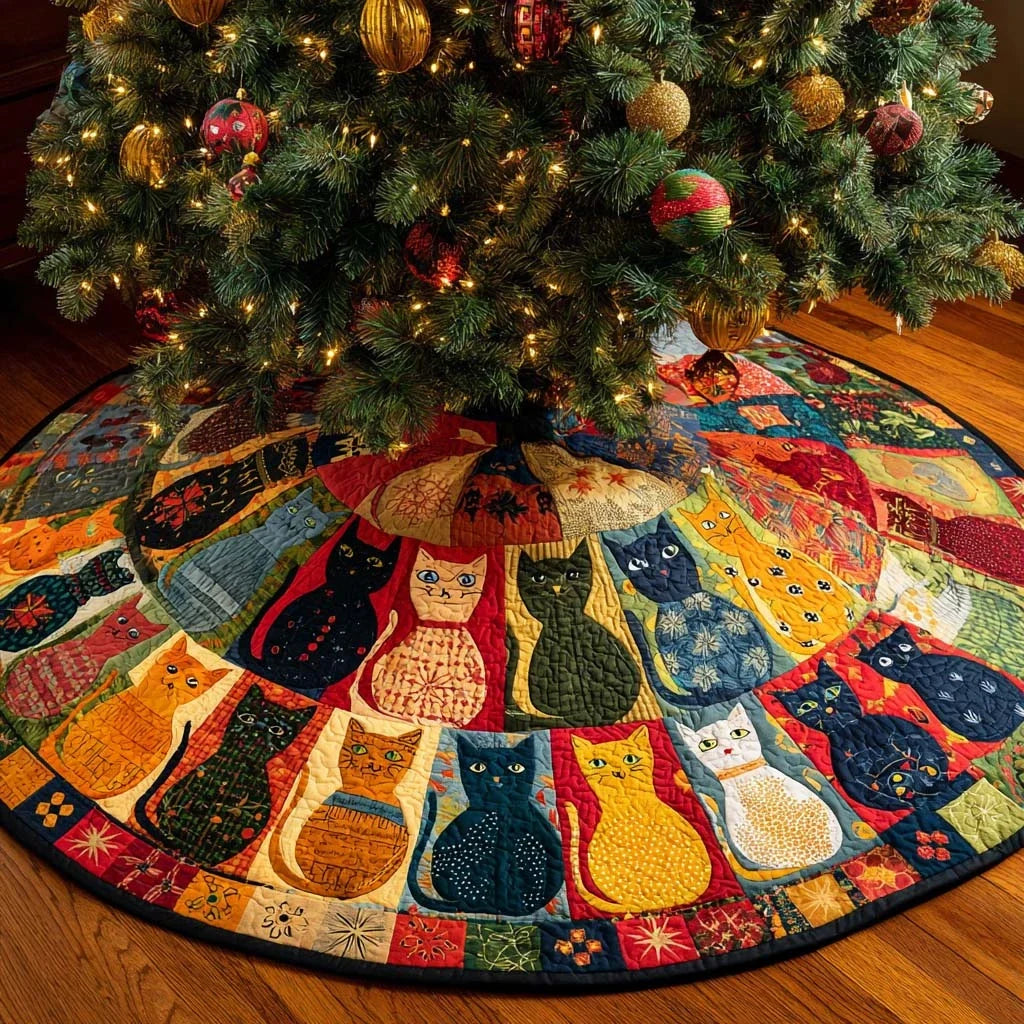 Rainbow Cat Circle Quilted Tree Skirt