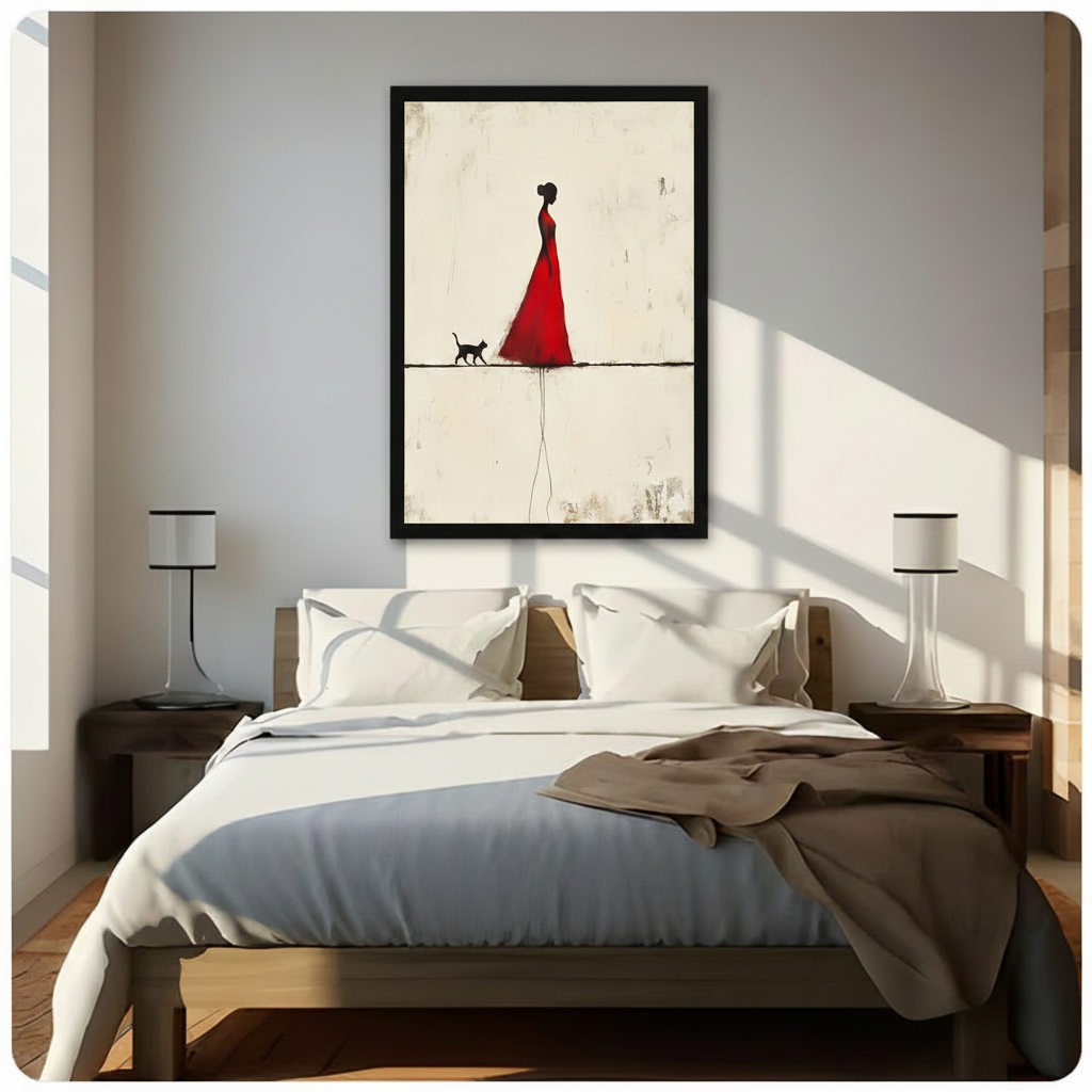 Red Dress Woman Black Cat Minimalist Canvas Print