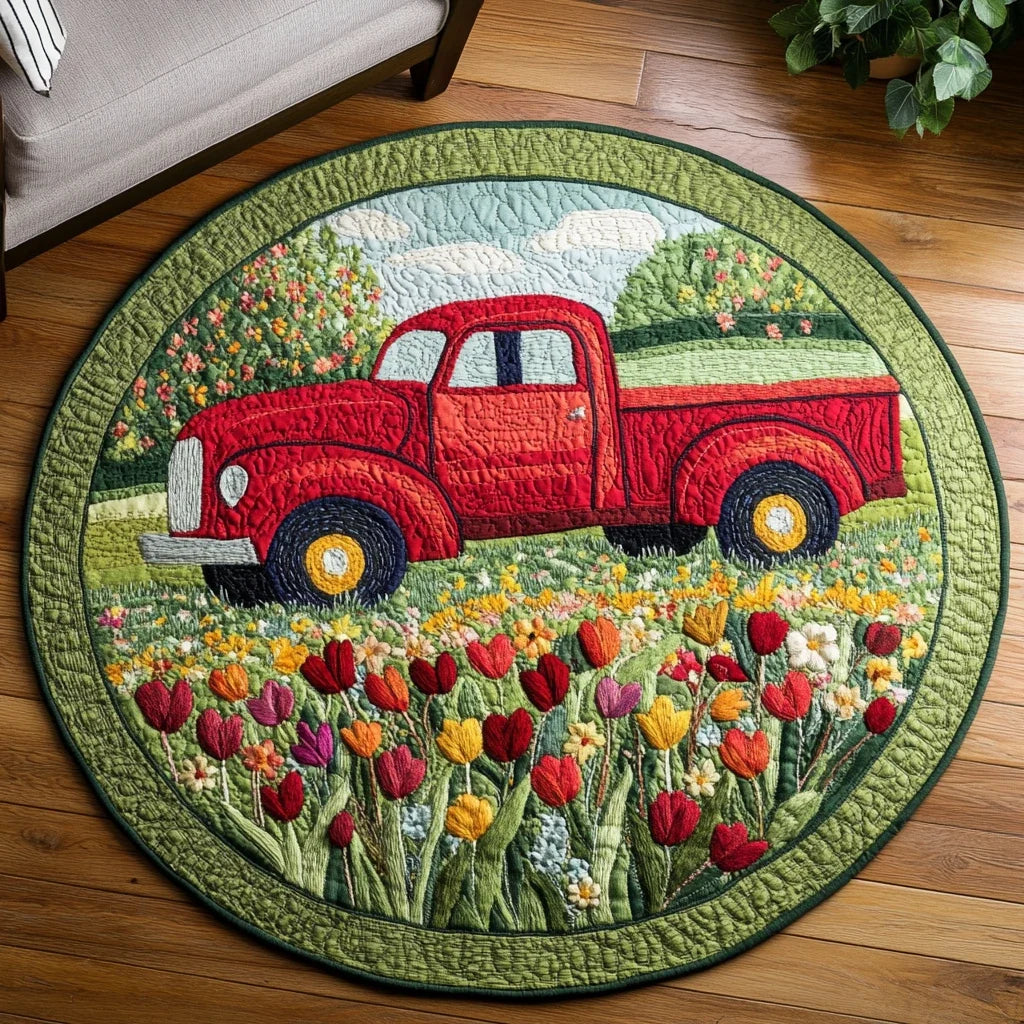 Red Pickup Paradise Quilted Round Mat