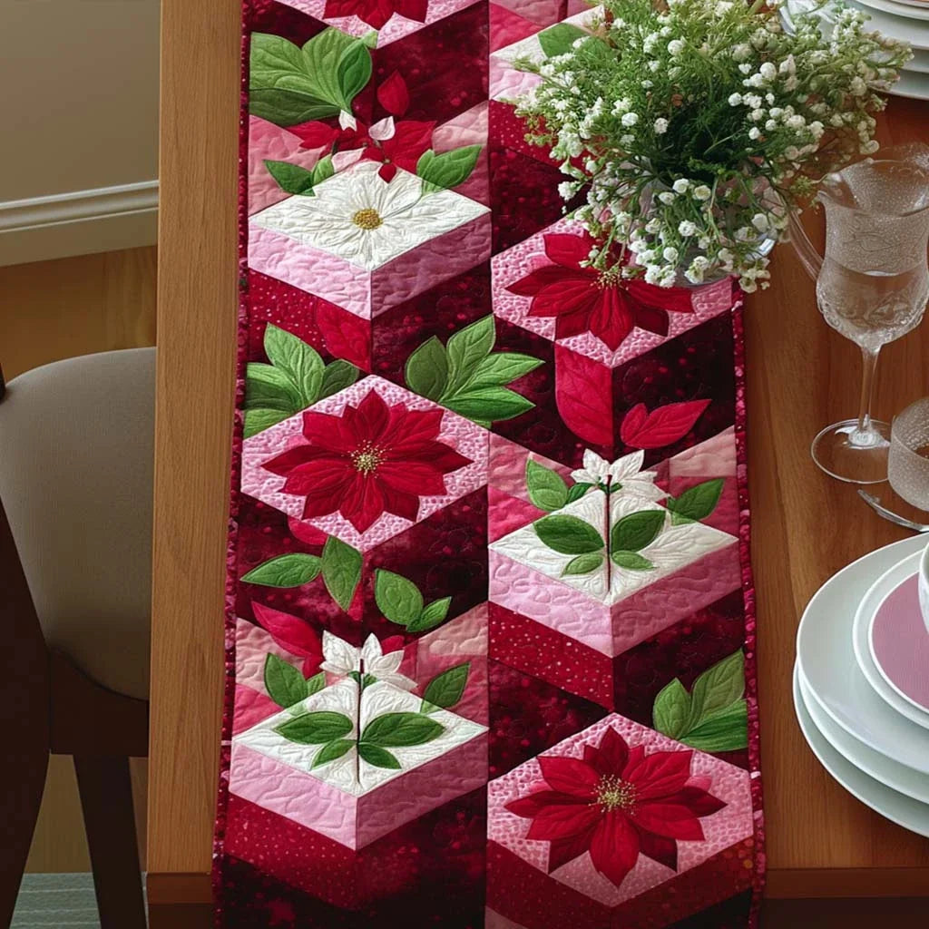 Red Poinsettia Magic Quilted Table Runner
