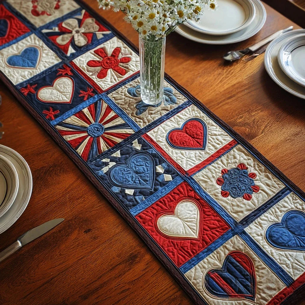 Red White Blue Hearts Quilted Table Runner