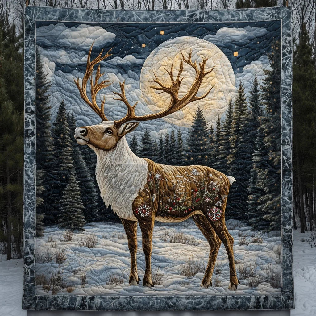 Reindeer In Snowy Pine Forest Quilt Blanket