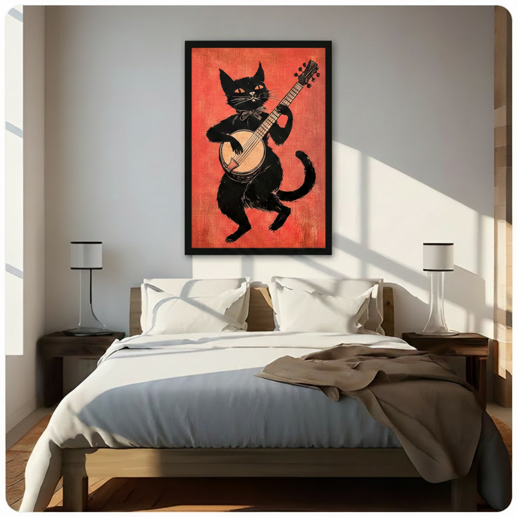Black Cat Banjo Folk Retro Canvas Art Wall Art