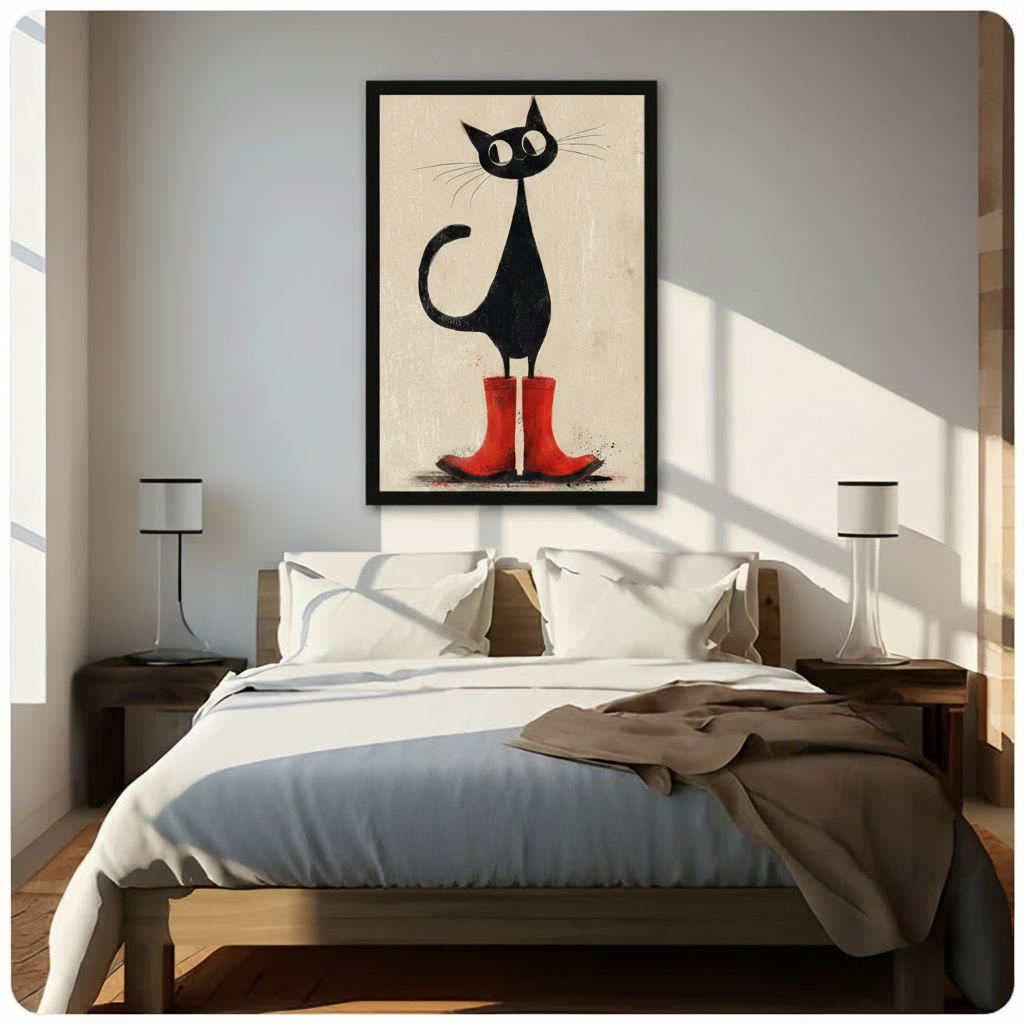 Black Cat Red Rain Boots Vintage Canvas Wall Art