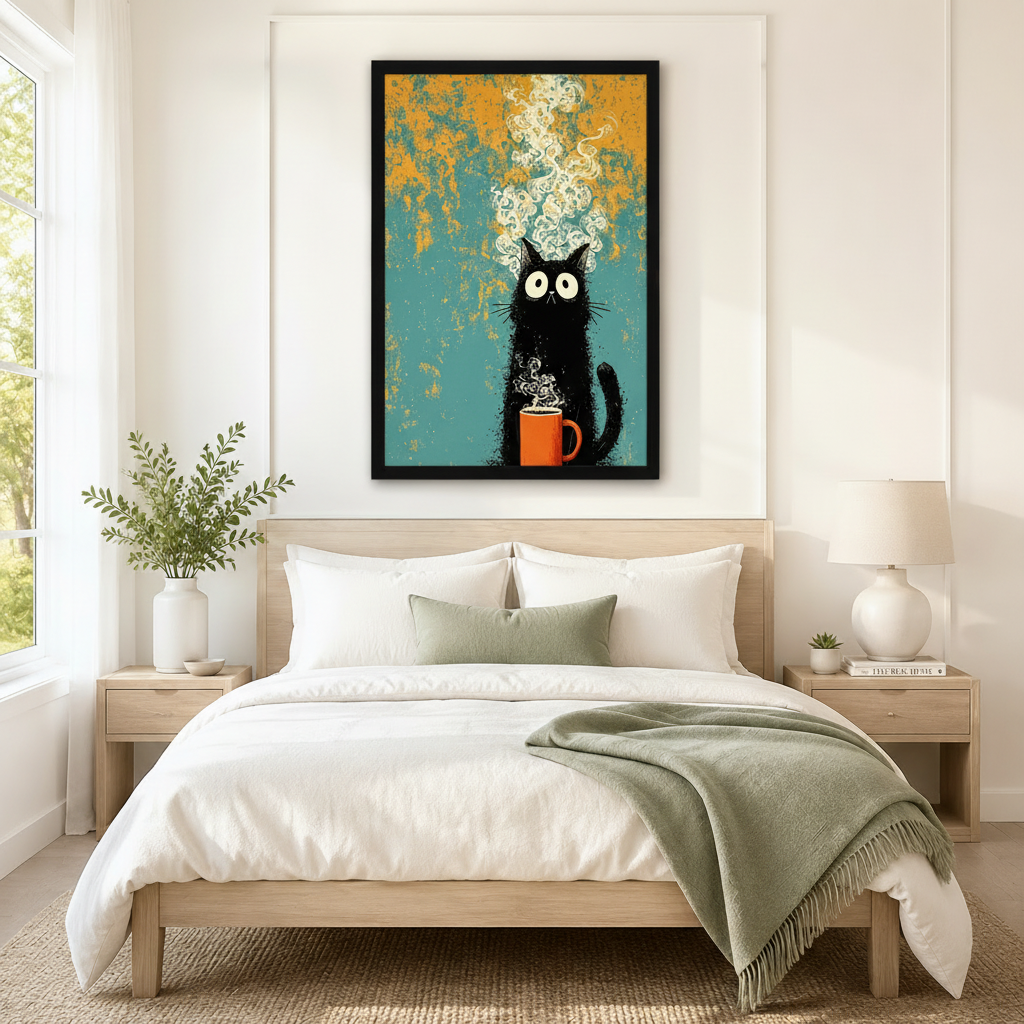 Retro Black Cat Coffee Teal Canvas Wall Art