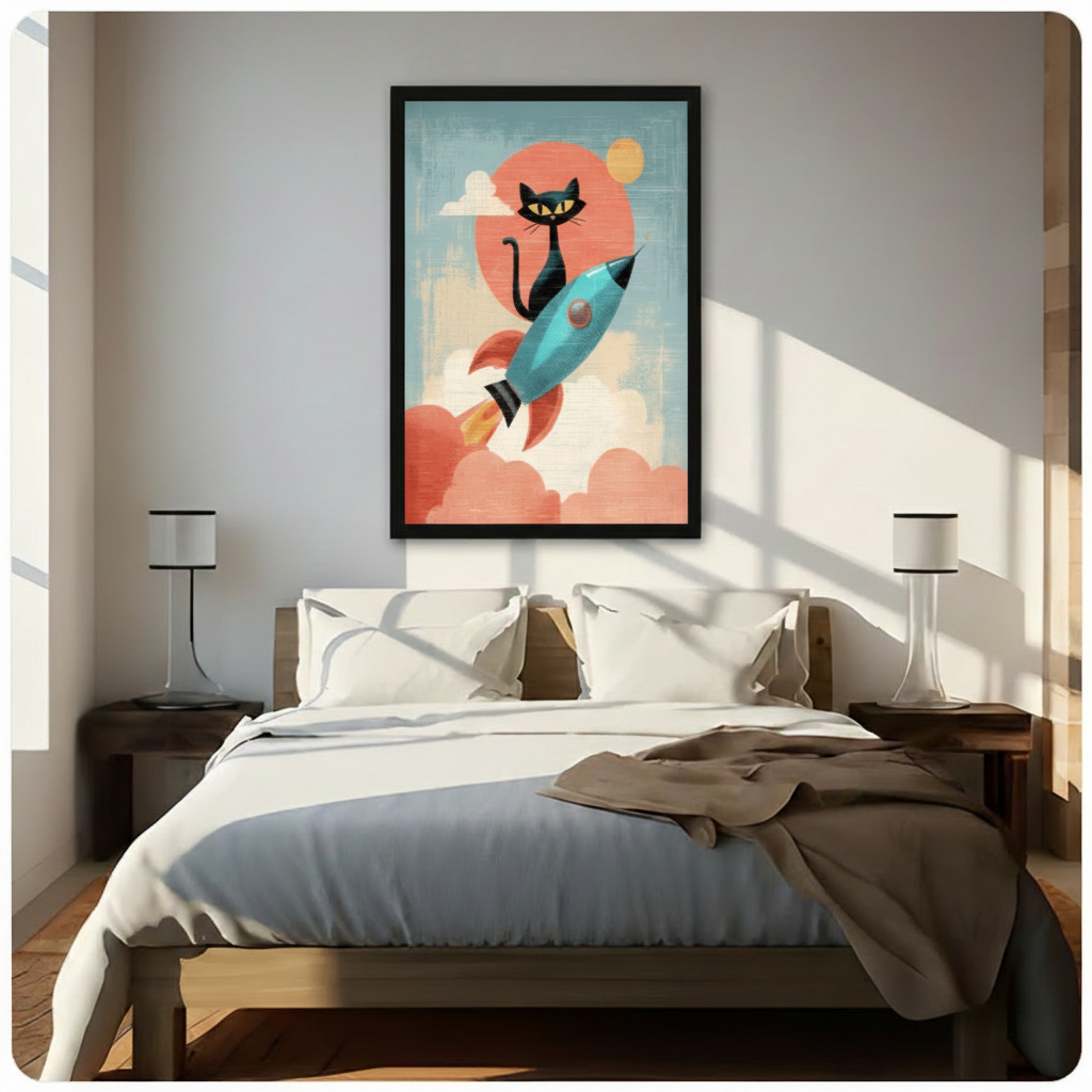 Retro Black Cat Rocket Mid-Century Canvas Art