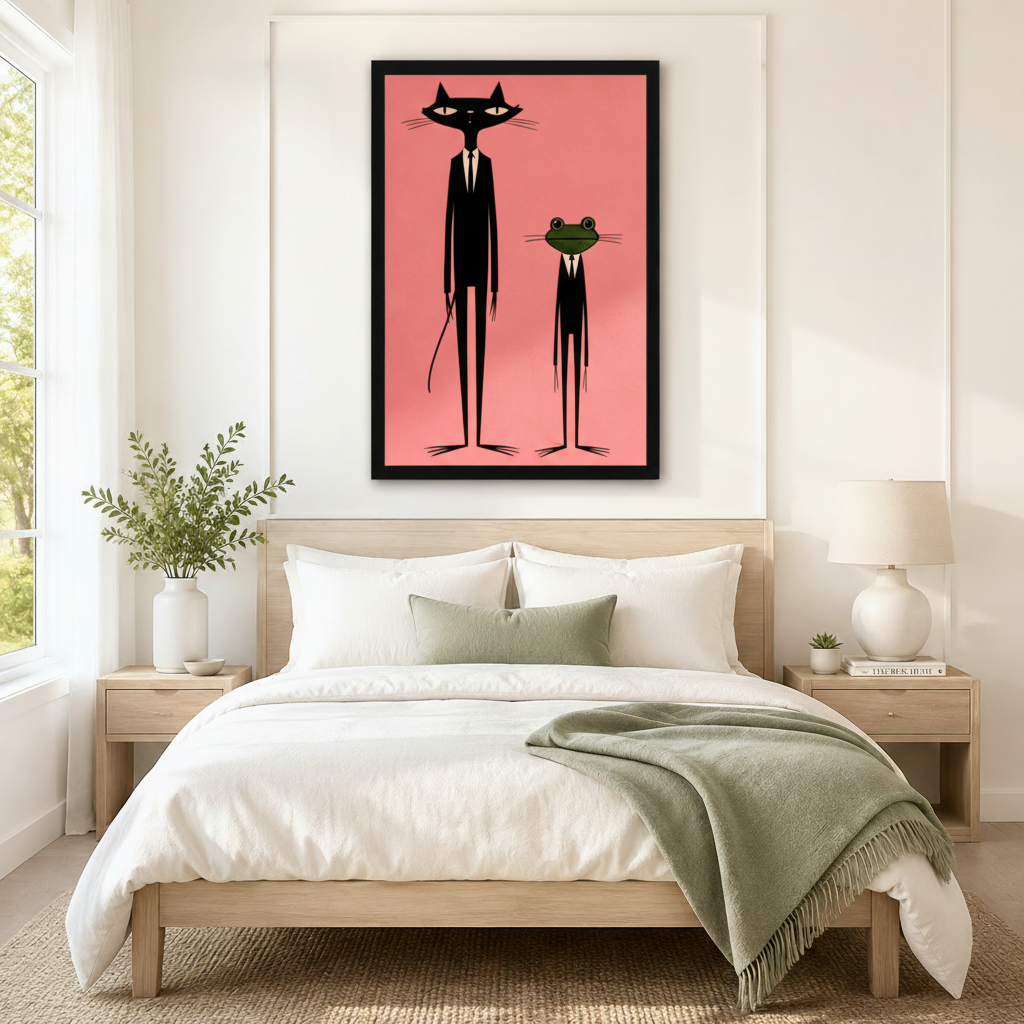 Mid-Century Cat Frog Suit Pink Pop Art Canvas