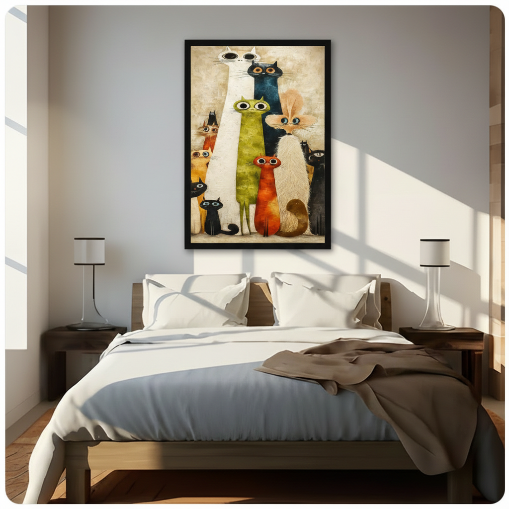 Whimsical Cat Crew Textured Oil Canvas Wall Art