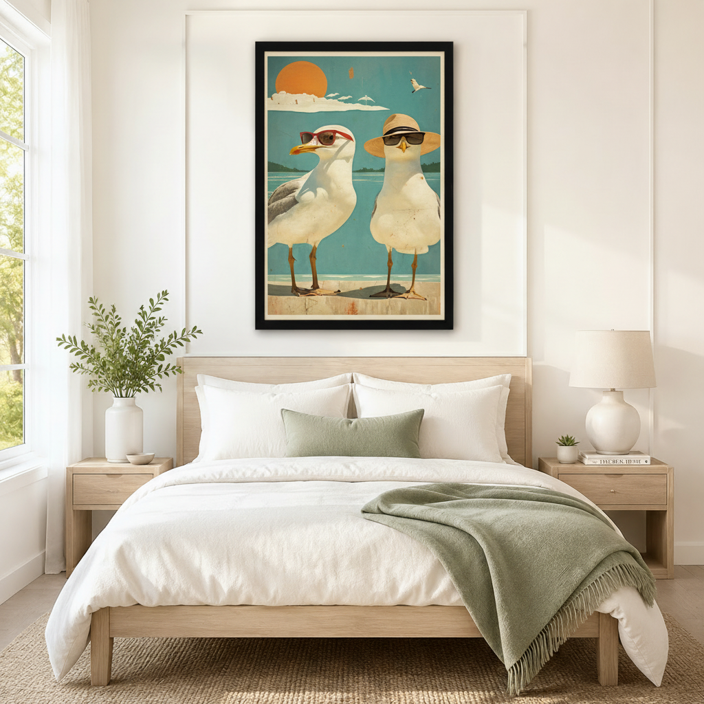 Retro Beach Seagulls Sunglasses Canvas Wall Art