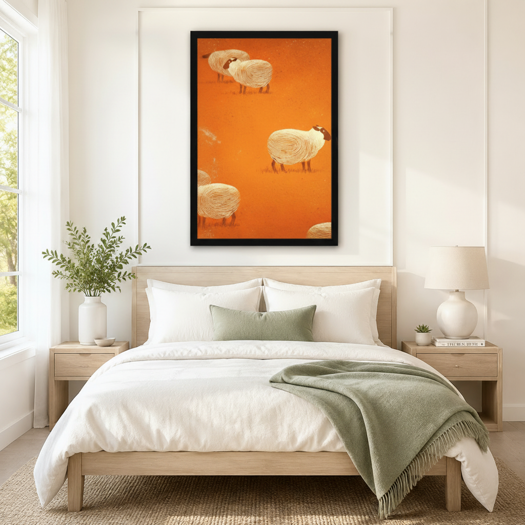 Whimsical Sheep Folk Art Orange Canvas Wall Art