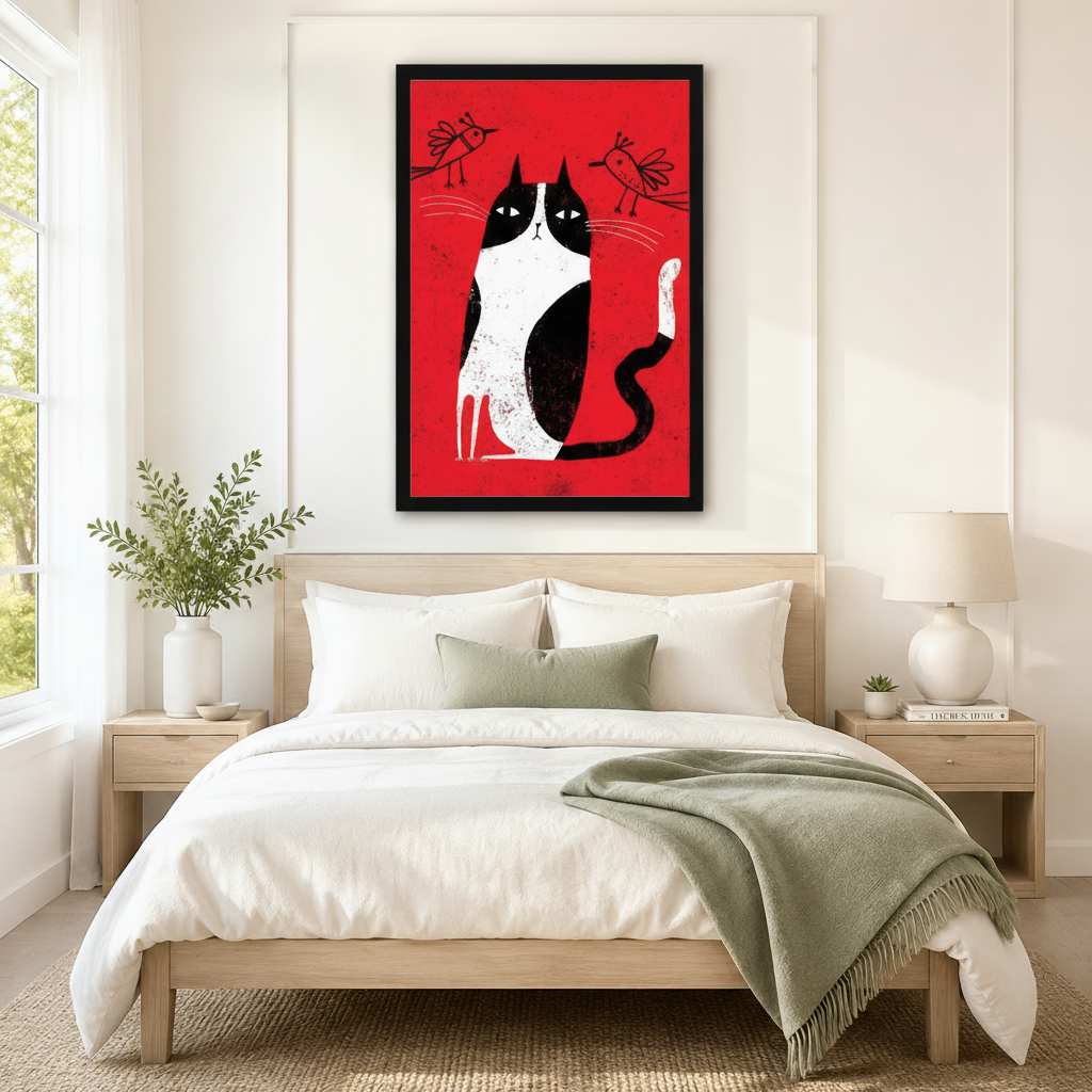 Folk Art Tuxedo Cat Birds Red Canvas Wall Art