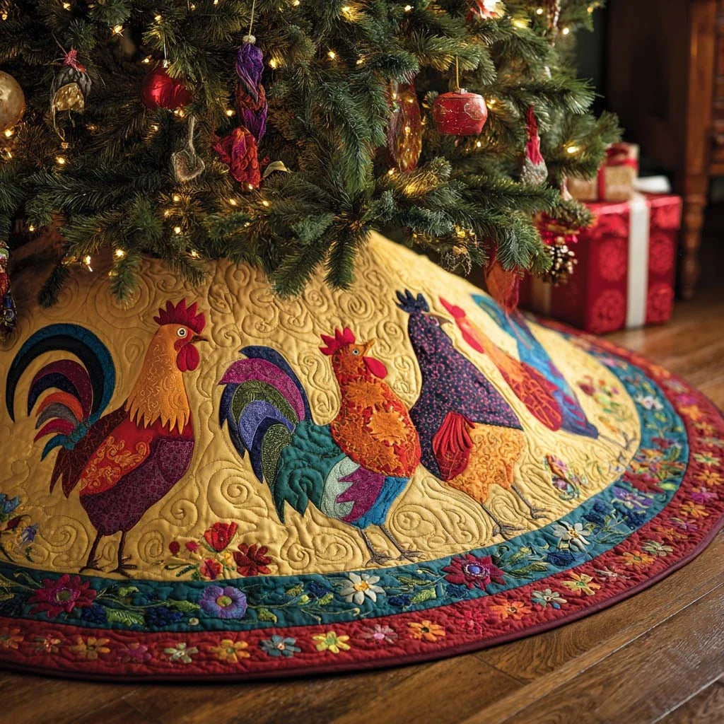 Rooster Glory Christmas Quilted Tree Skirt