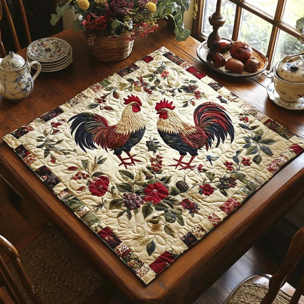 Rooster Parade Quilted Table Topper