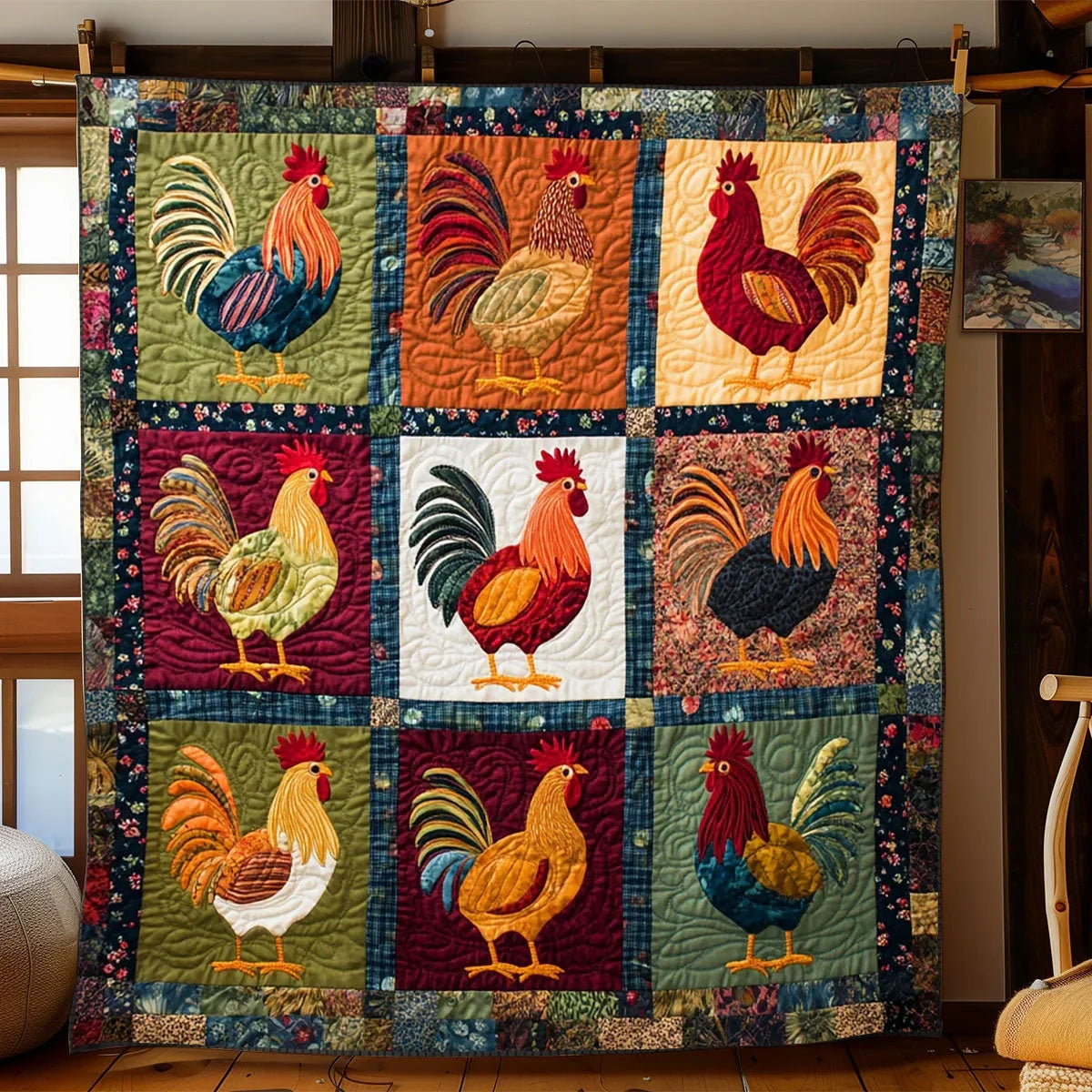 Rustic Rooster Gathering Quilt Blanket