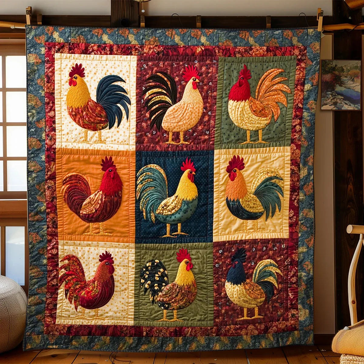 Rustic Rooster Gathering Quilt Blanket