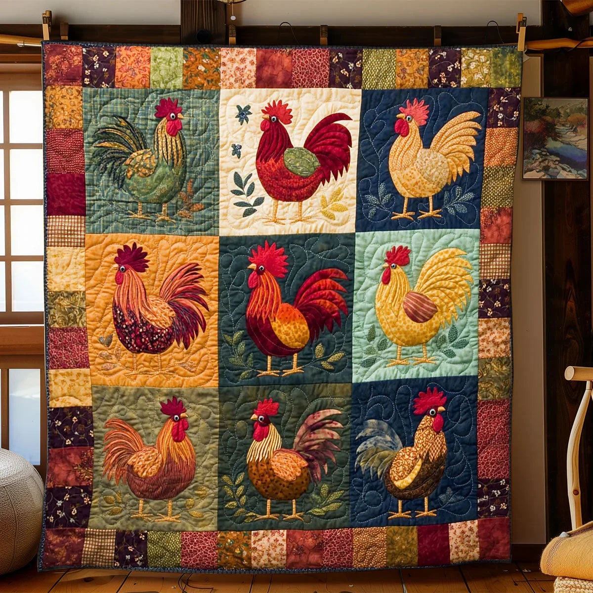 Rustic Rooster Gathering Quilt Blanket