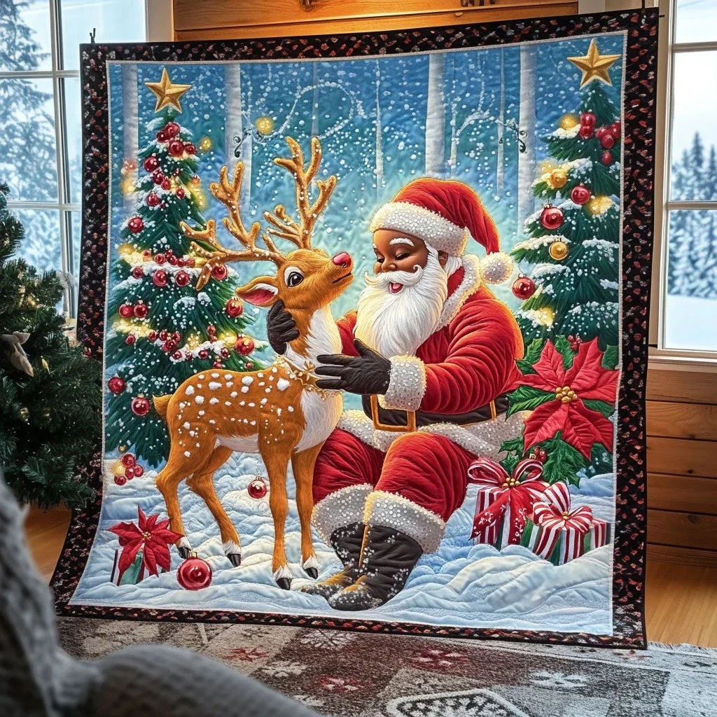 Santa With Reindeer Quilt Blanket