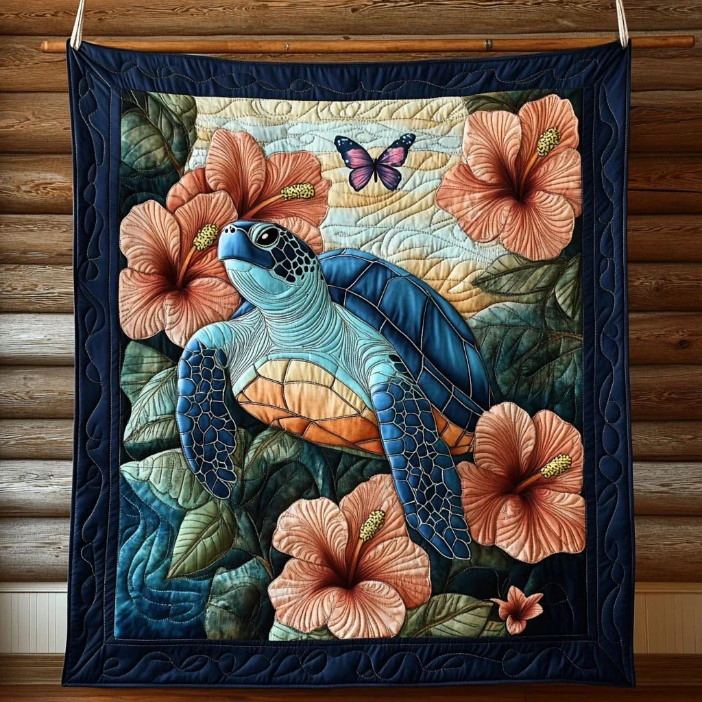 Sea Turtle Hibiscus Quilt Blanket
