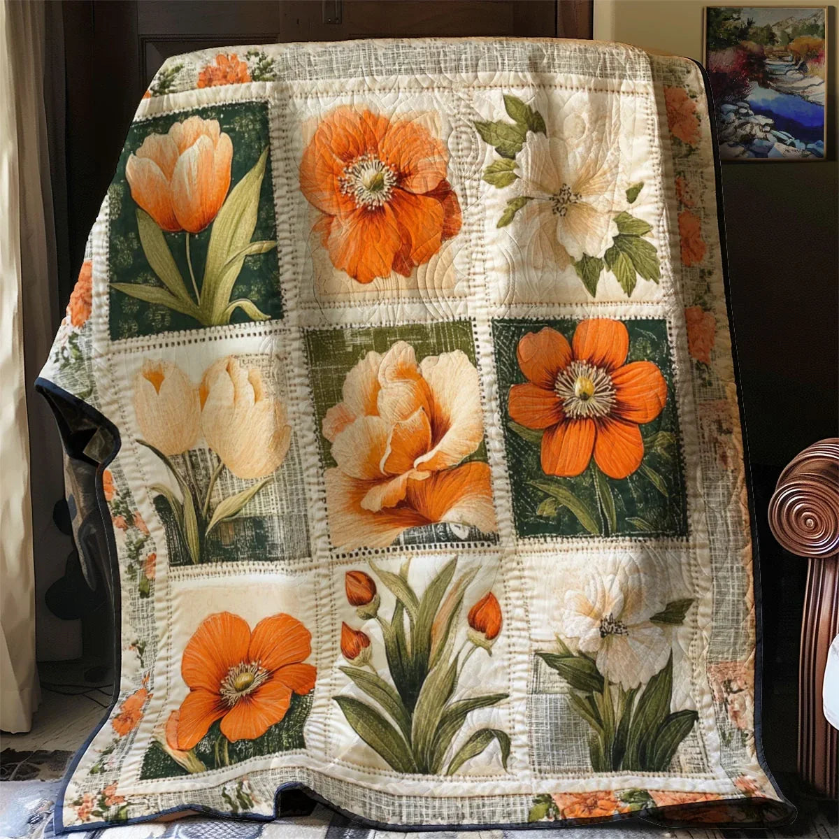 Sepia Stamp Florals Quilt Blanket