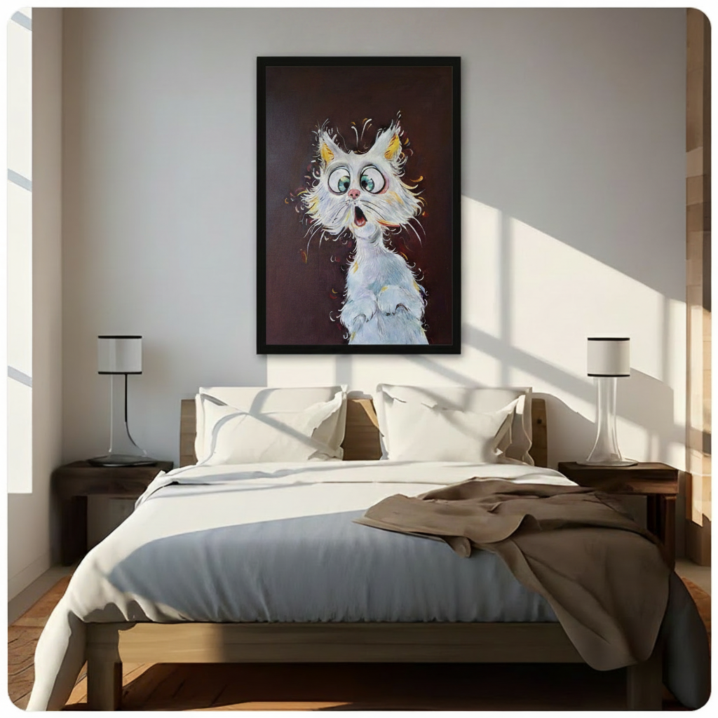 Shocked White Cat Big Eyes Funny Cartoon Oil Painting Canvas Art