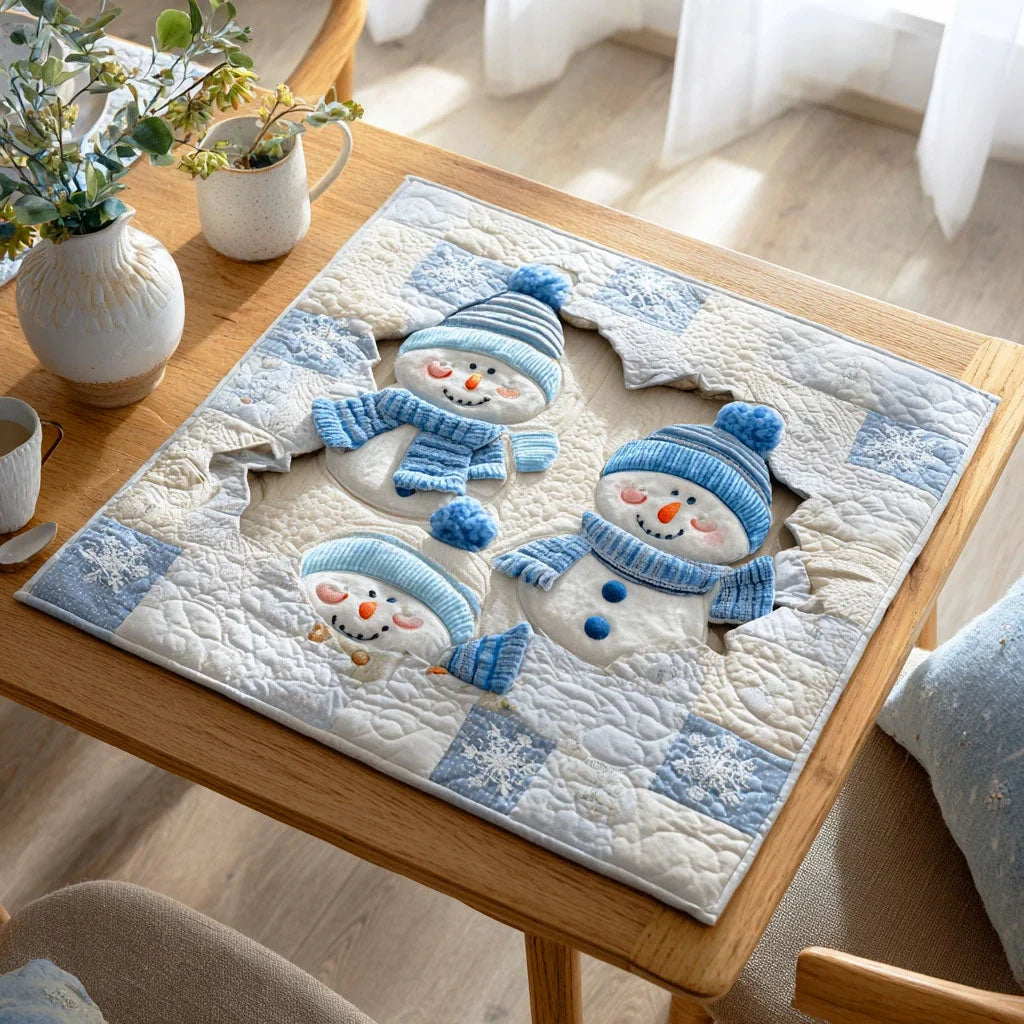 Silent Snowman Blue Quilted Table Topper