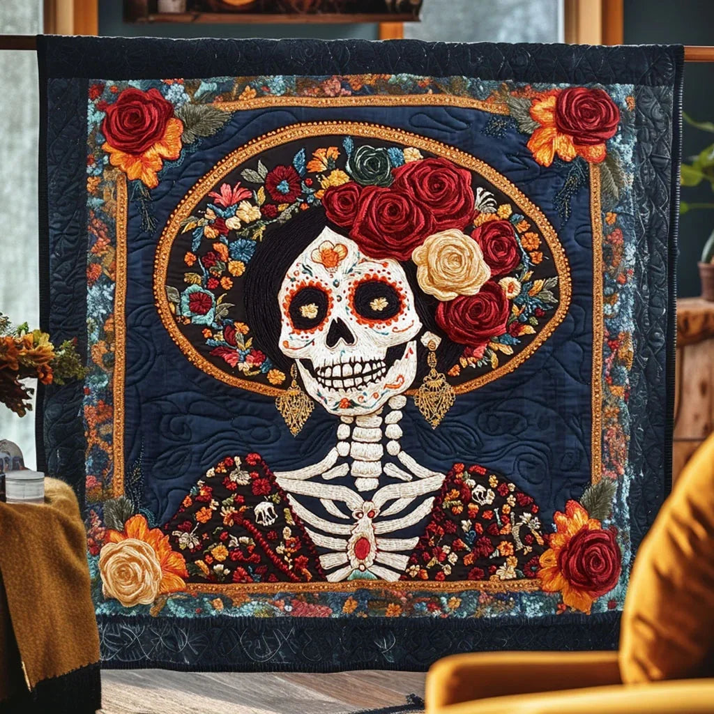 Skeleton Lady Sunflower Dream Quilt Blanket