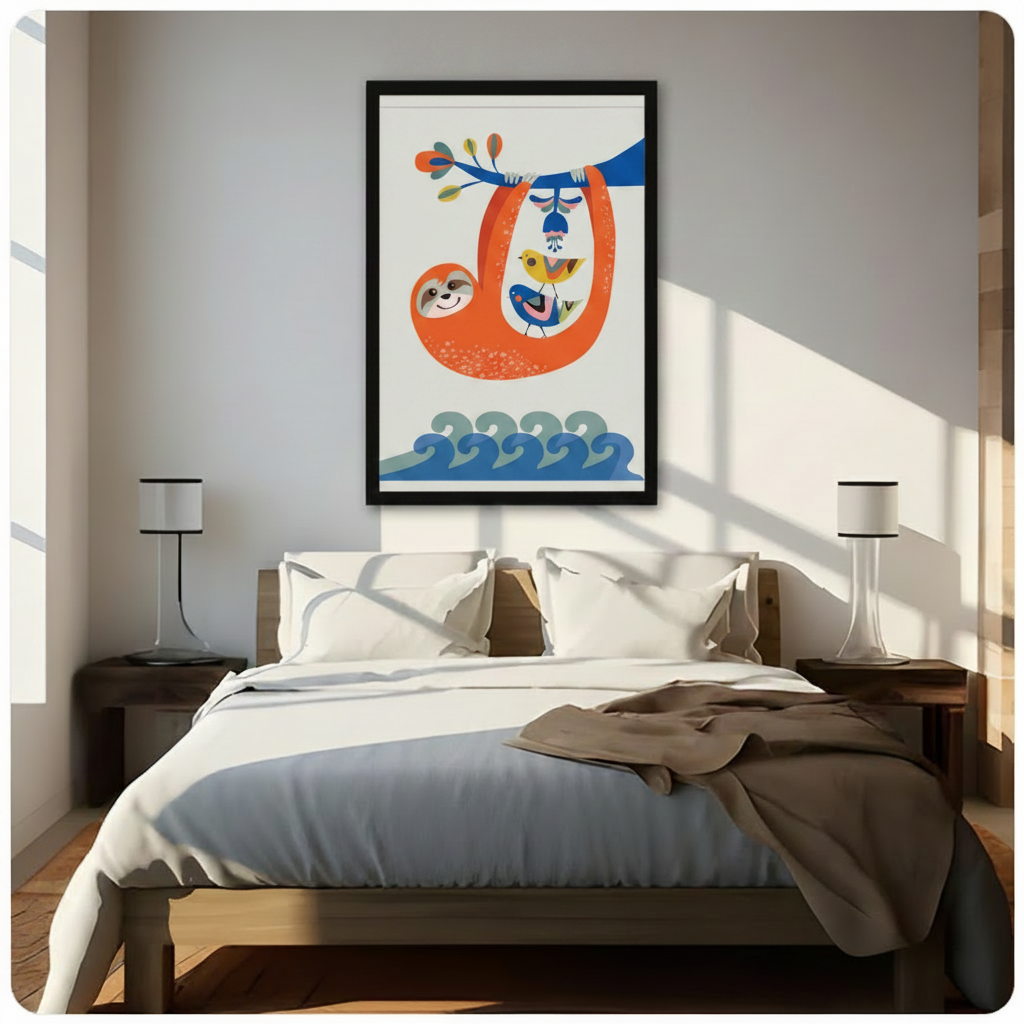 Sloth & Birds Colorful Folk Art Canvas Wall Art