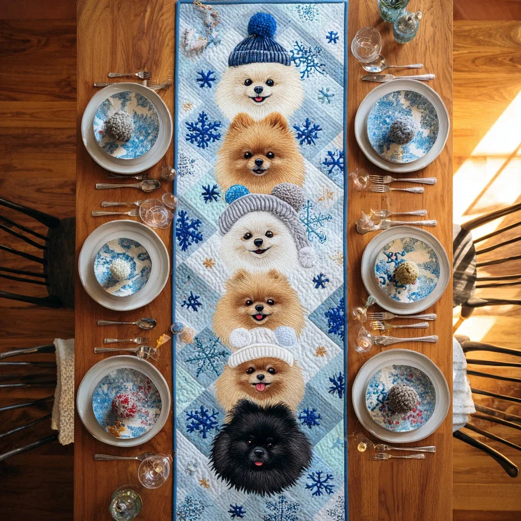 Snowy Pomeranian Quilted Table Runner