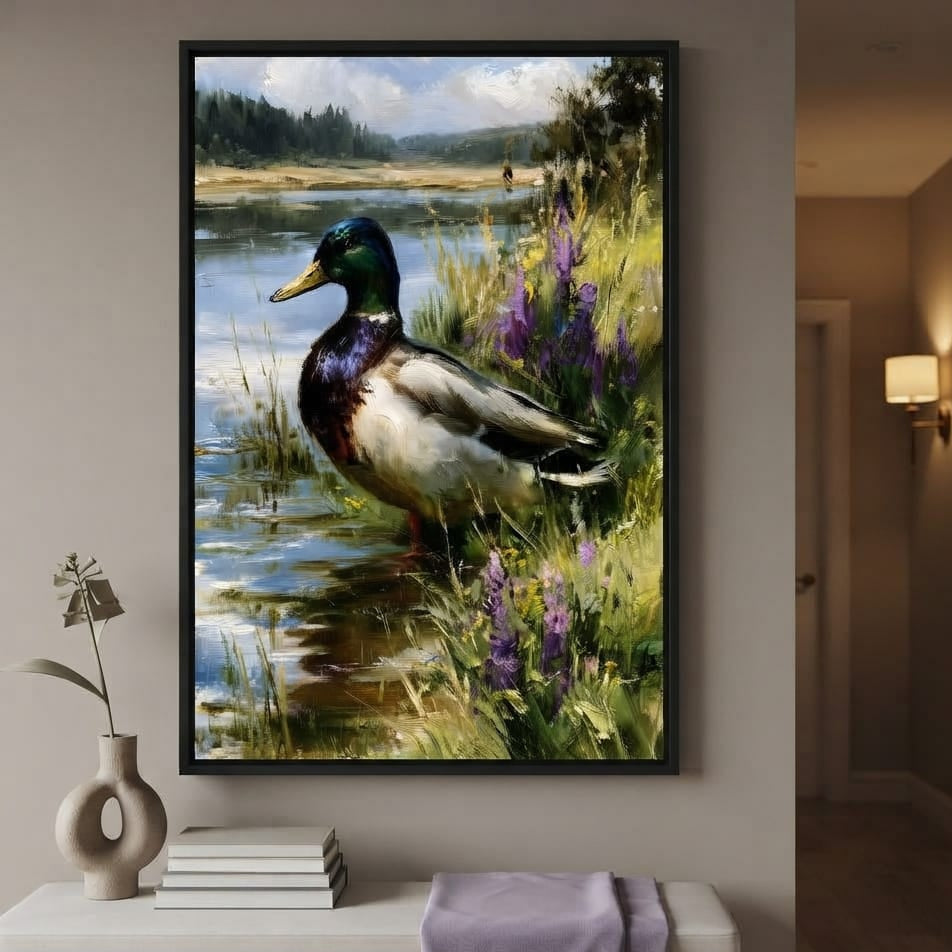 Solitary Mallard By The Still Shore Canvas Wall Art